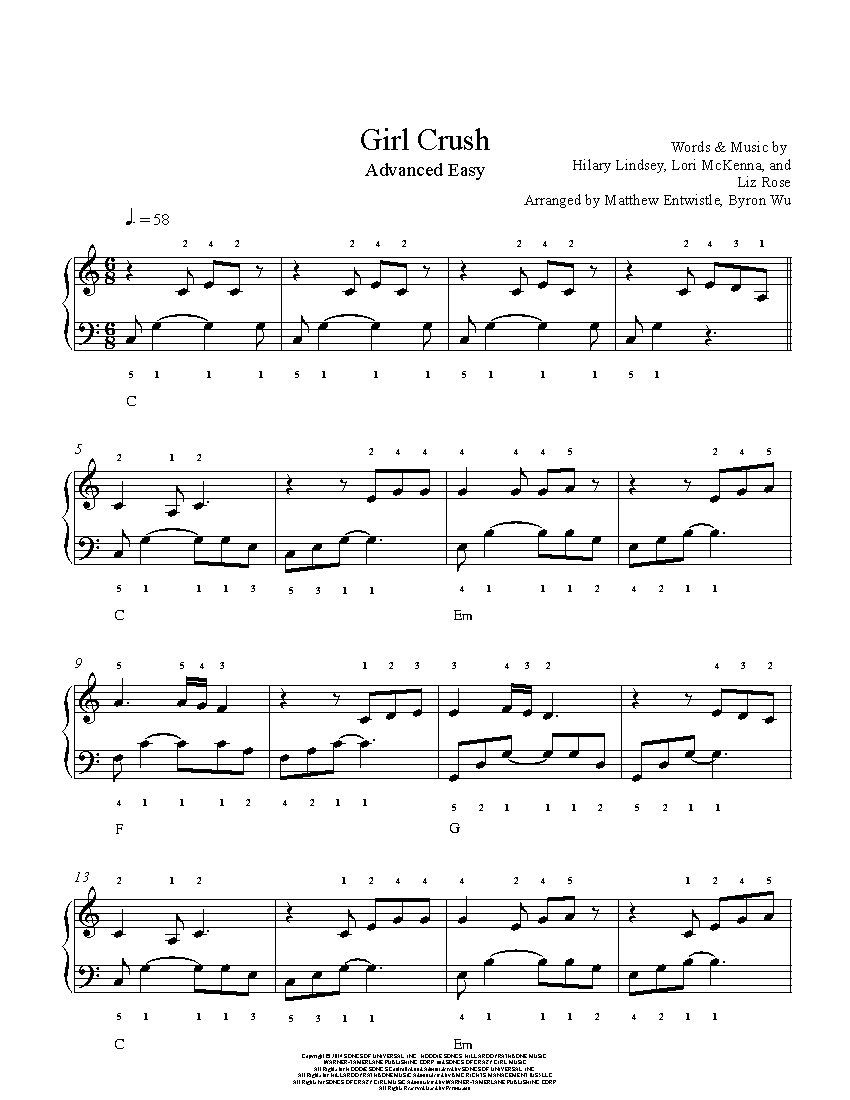 Girl Crush by Little Big Town Piano Sheet Music Advanced Level