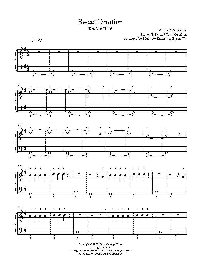 Sweet Emotion By Aerosmith Piano Sheet Music | Rookie Level