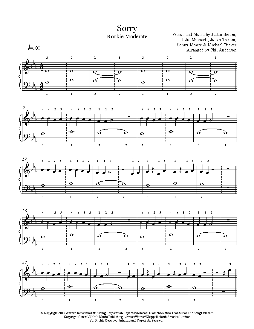 Sorry by Justin Bieber Piano Sheet Music | Rookie Level