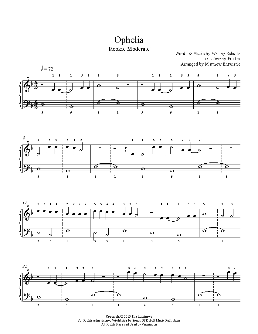 Ophelia by The Lumineers Piano Sheet Music | Rookie Level