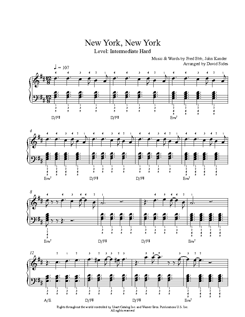New York, New York by Frank Sinatra Piano Sheet Music Intermediate Level