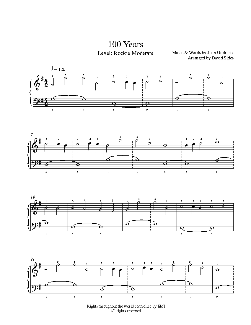 100 Years by Five for Fighting Piano Sheet Music | Rookie Level