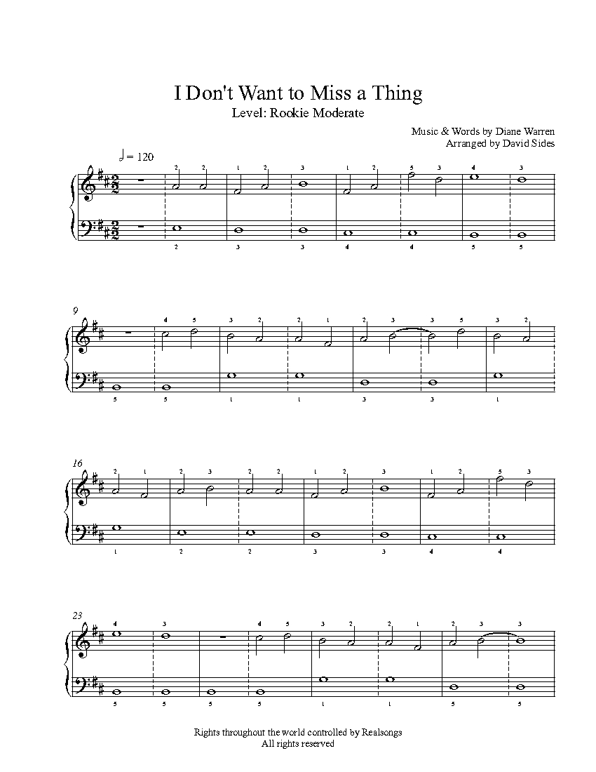 I Don't Want To Miss A Thing by Aerosmith Piano Sheet Music | Rookie Level