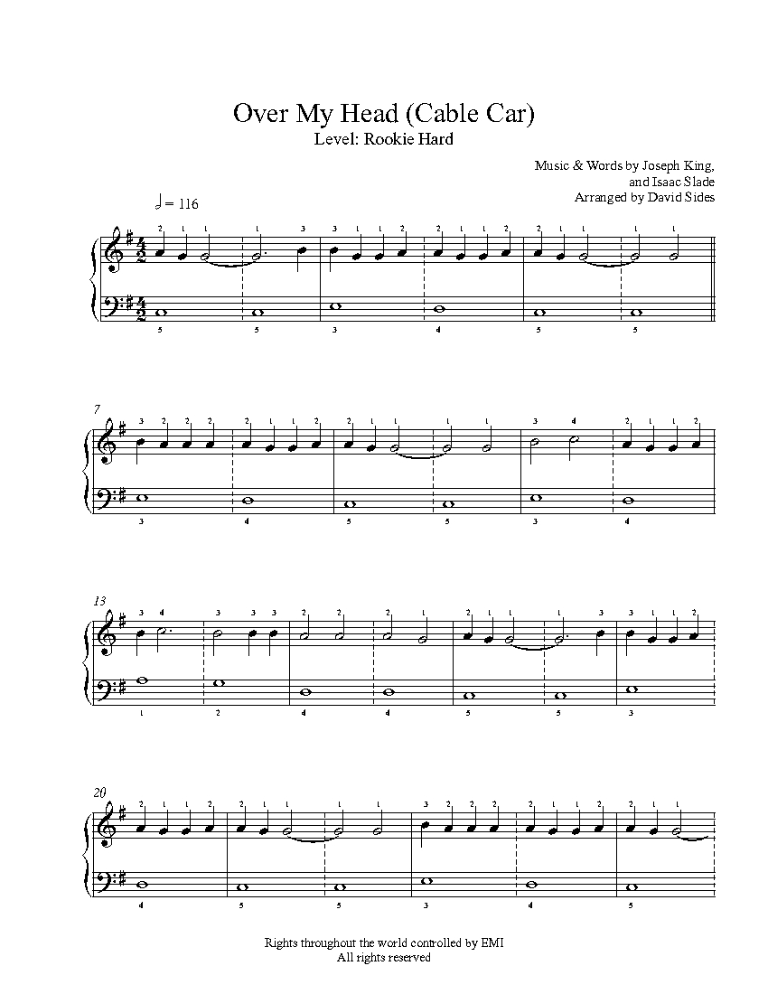 Over My Head (Cable Car) by The Fray Piano Sheet Music
