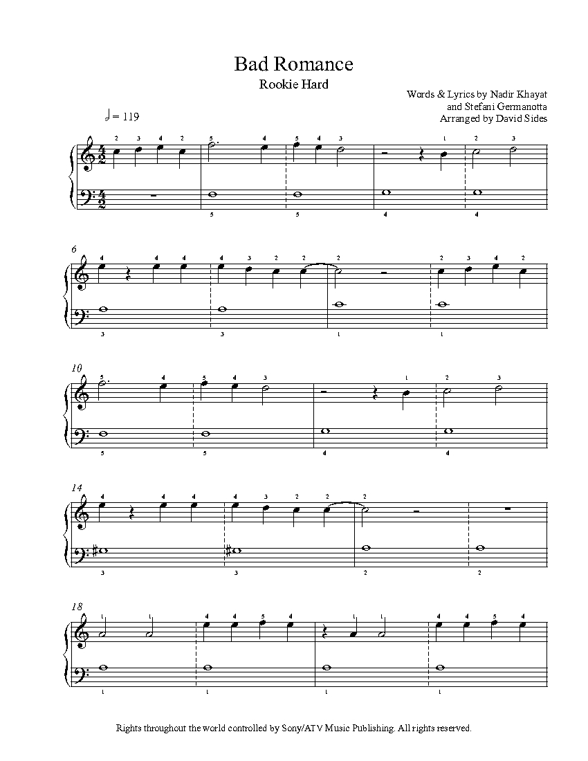 Bad Romance By Lady Gaga Piano Sheet Music Rookie Level 0663