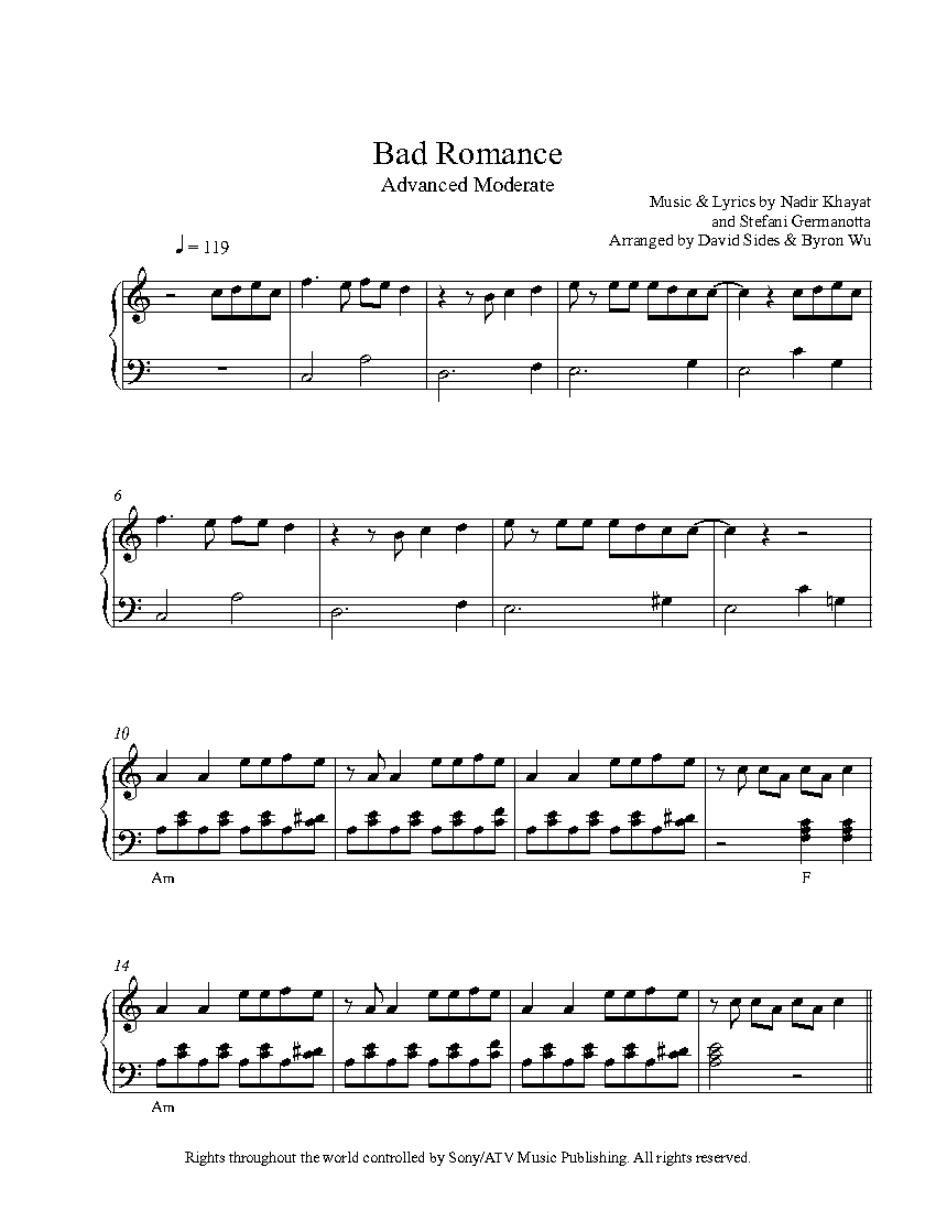 Bad Romance By Lady Gaga Piano Sheet Music Advanced Level 3674