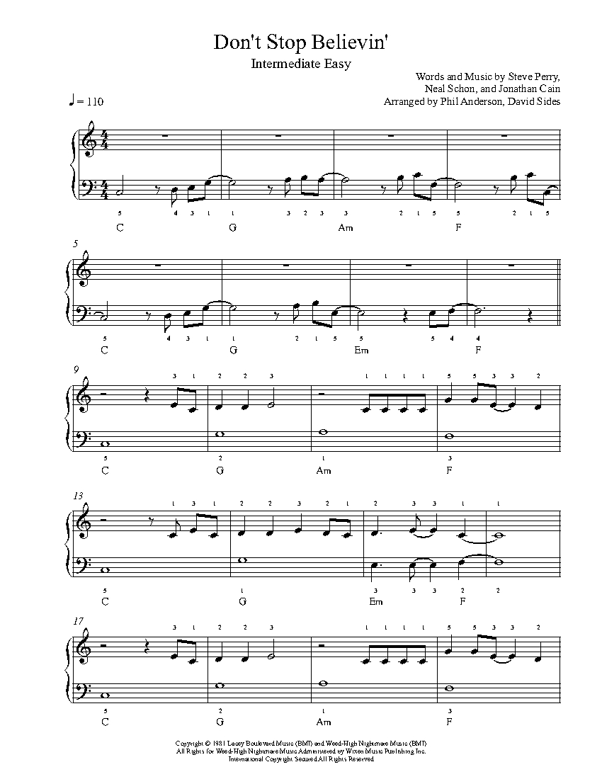 Don't Stop Believin' by Journey Piano Sheet Music Intermediate Level