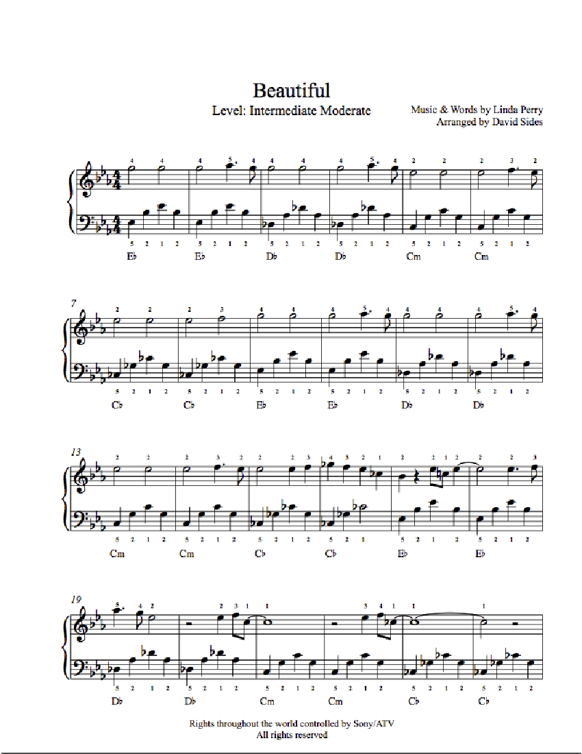 Beautiful by Christina Aguilera Piano Sheet Music | Intermediate Level