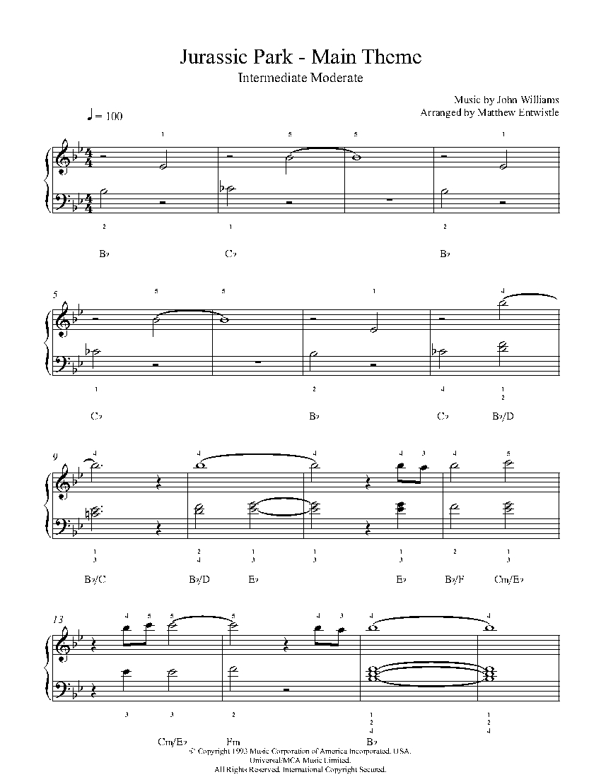 Jurassic Park Theme by John Williams Piano Sheet Music | Intermediate Level
