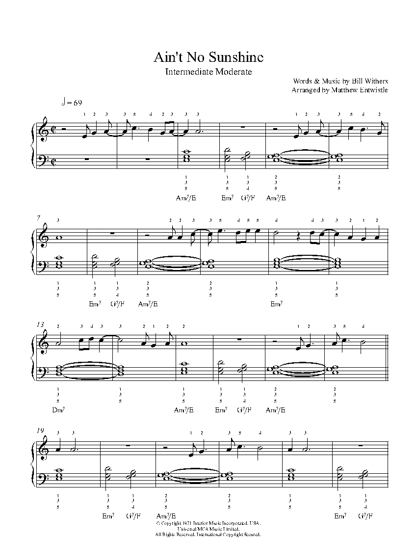 Ain't No Sunshine by Bill Withers Piano Sheet Music | Intermediate Level
