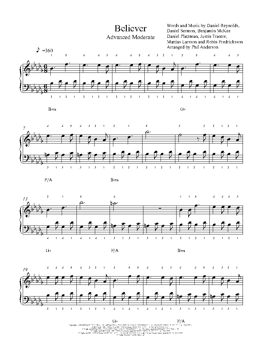 Believer By Imagine Dragons Piano Sheet Music Advanced Level - imagine dragons believer roblox id imagine dragons singer on
