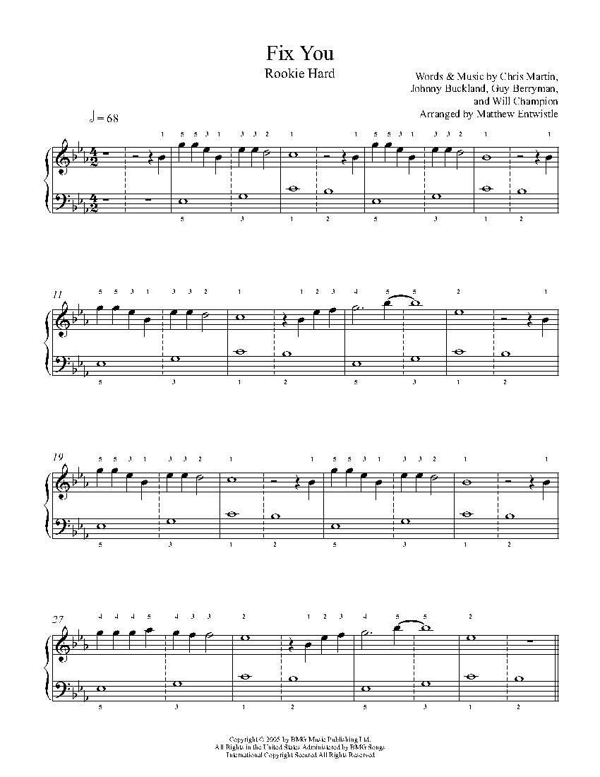 Fix You by Coldplay Piano Sheet Music | Rookie Level