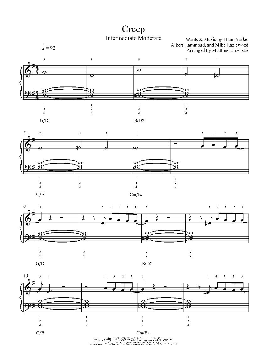Creep by Radiohead Piano Sheet Music | Intermediate Level