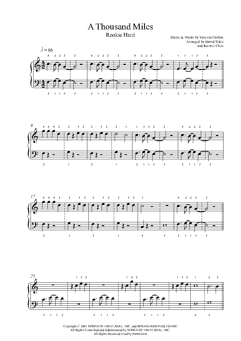 A Thousand Miles by Vanessa Carlton Piano Sheet Music | Rookie Level