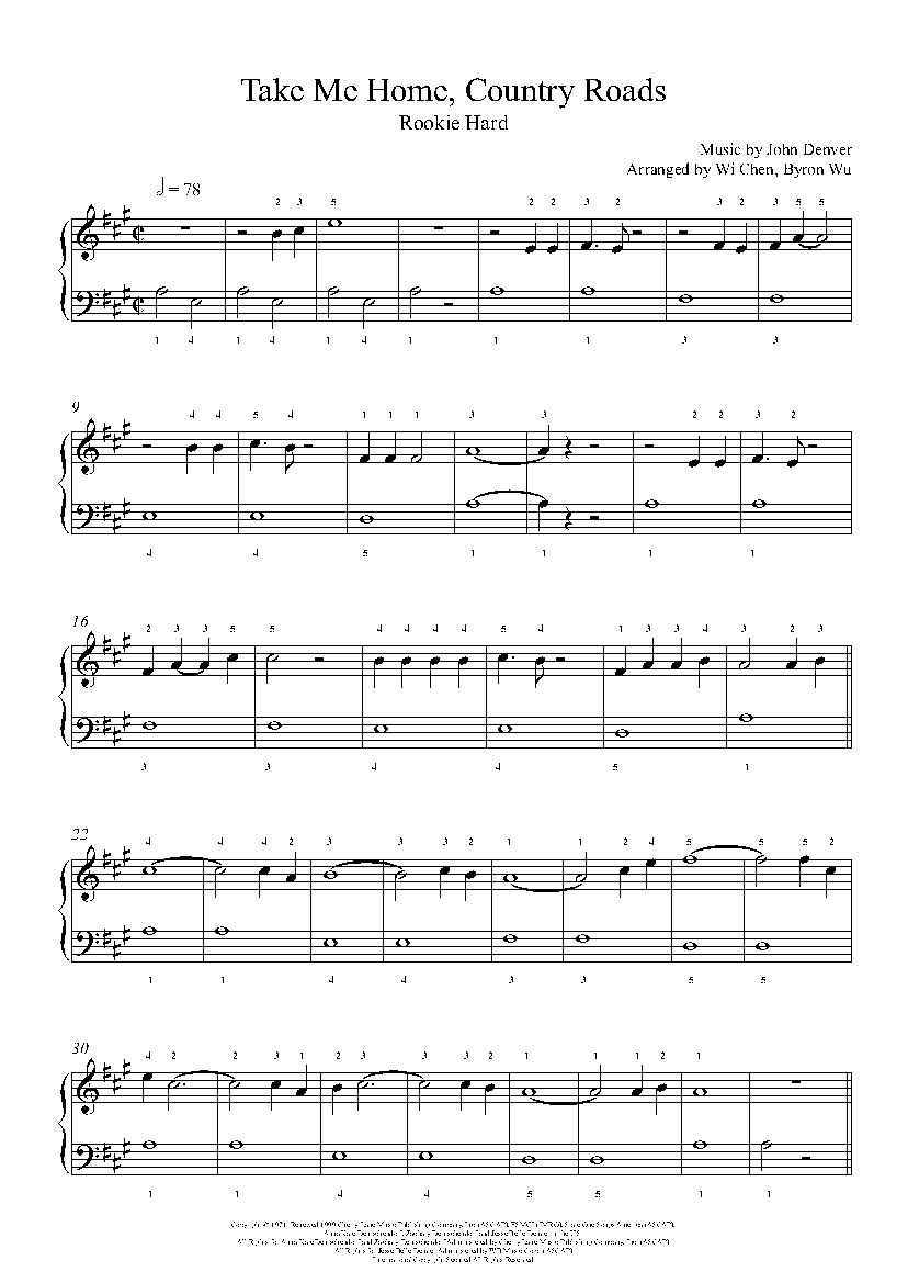 Take Me Home, Country Roads by John Denver Piano Sheet Music | Rookie Level