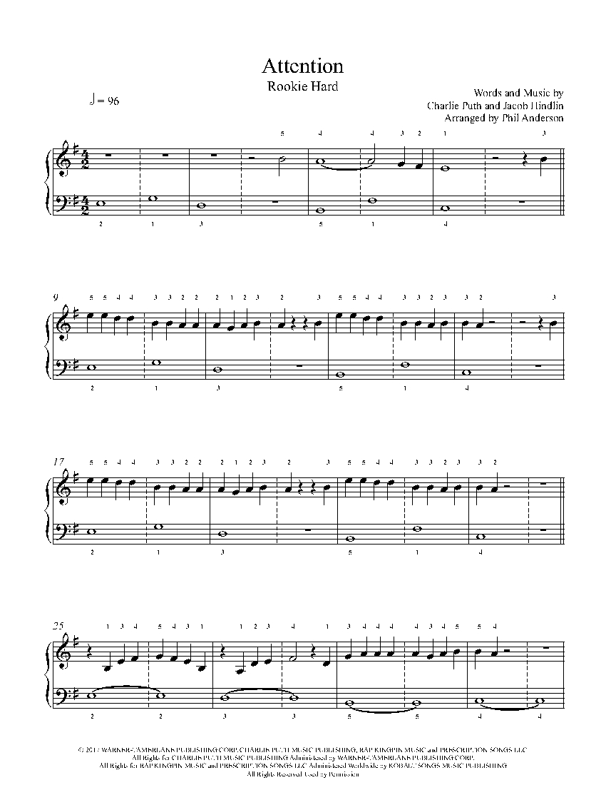 Attention By Charlie Puth Piano Sheet Music Rookie Level