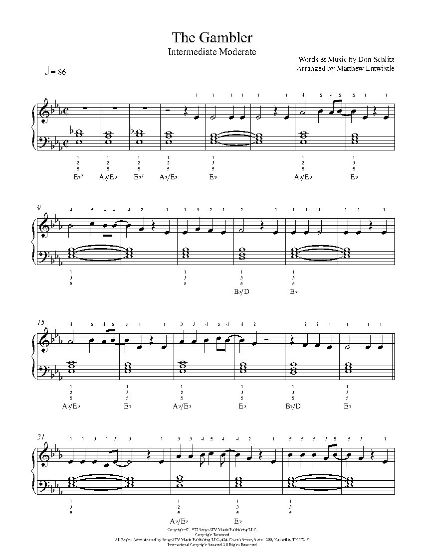 The Gambler By Kenny Rogers Piano Sheet Music Intermediate Level