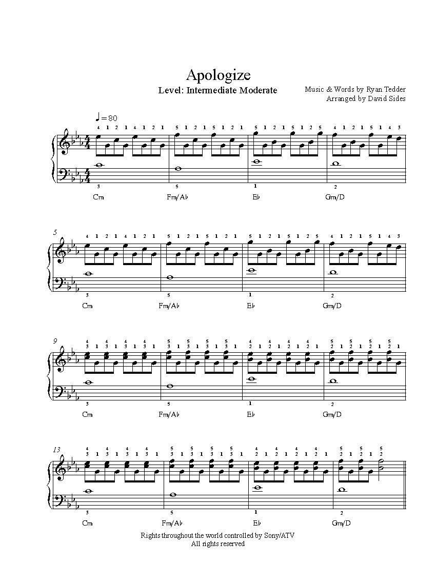 Apologize by One Republic Piano Sheet Music Intermediate Level