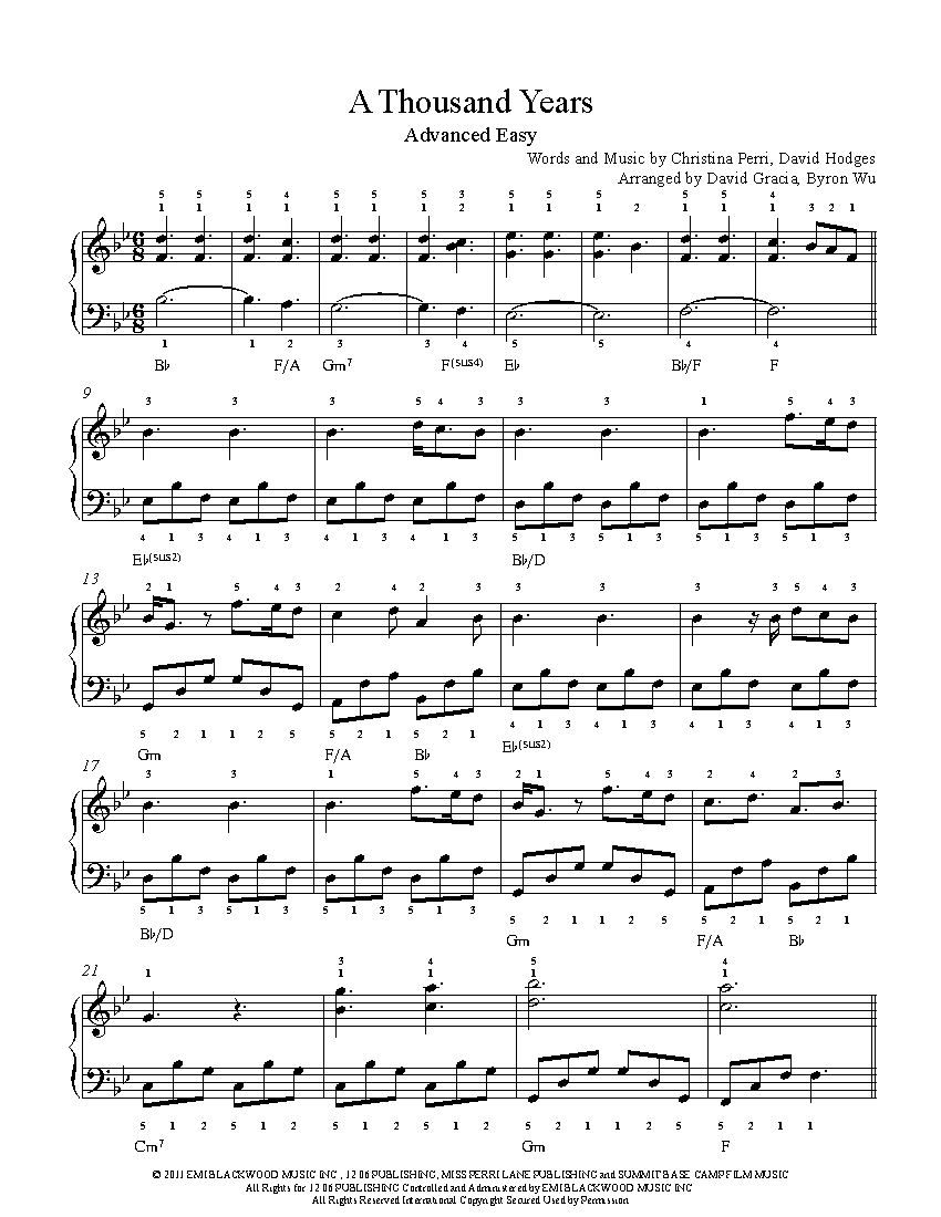 A Thousand Years By Christina Perri Piano Sheet Music Advanced Level