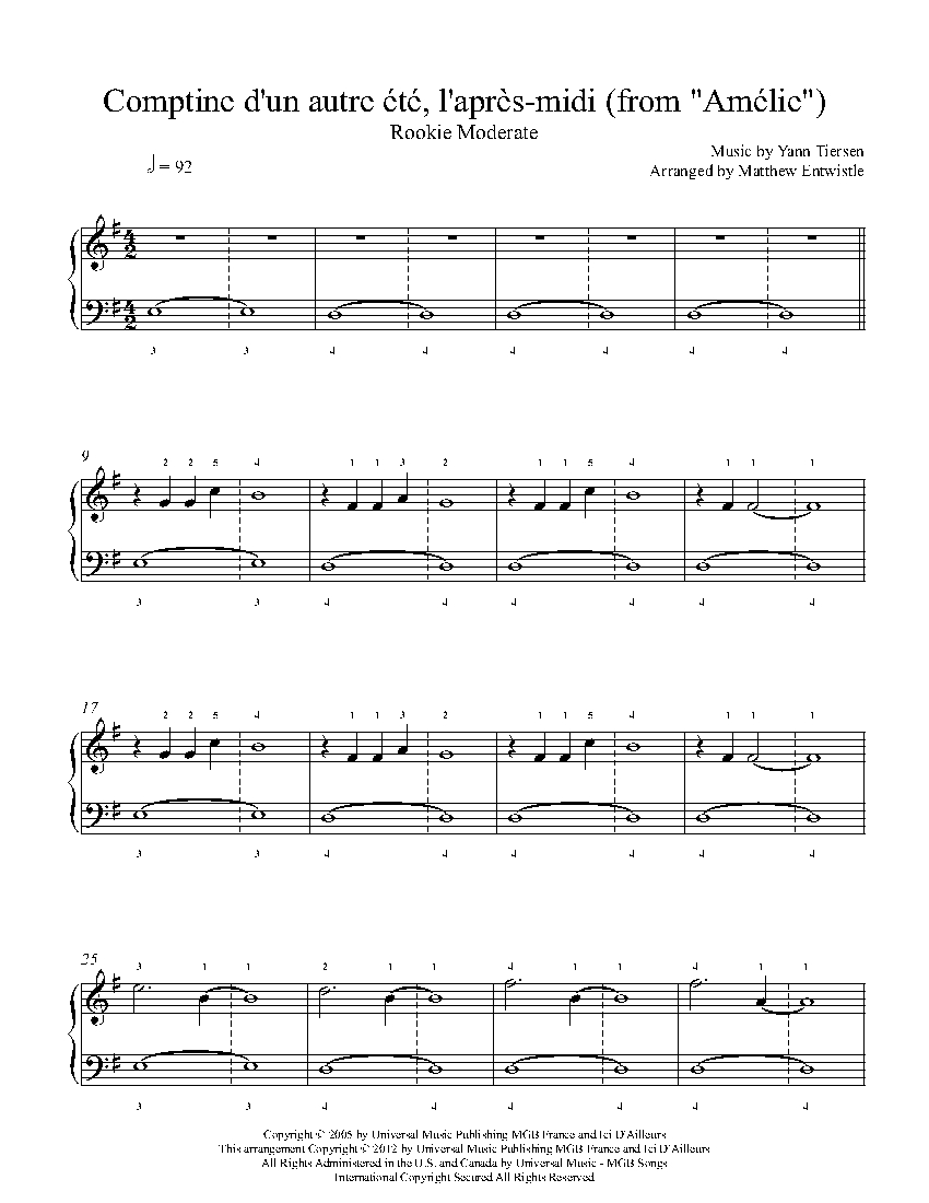 Comptine d'Un Autre Ete by Yann Tiersen Piano Sheet Music | Rookie Level
