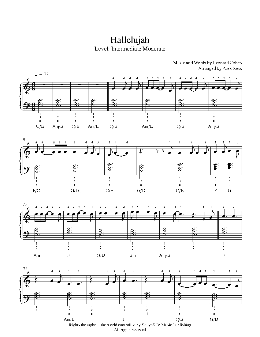 Hallelujah by Jeff Buckley Piano Sheet Music Intermediate Level