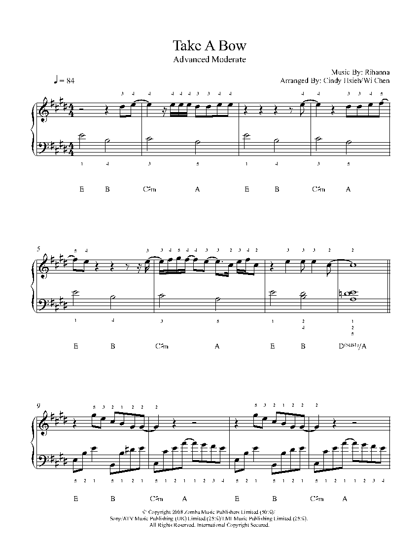 Take A Bow By Rihanna Piano Sheet Music Advanced Level