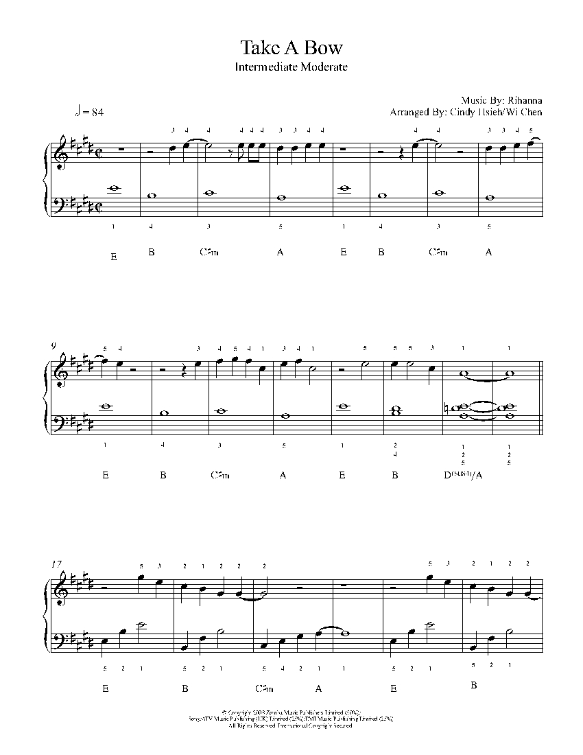 Take A Bow By Rihanna Piano Sheet Music Intermediate Level