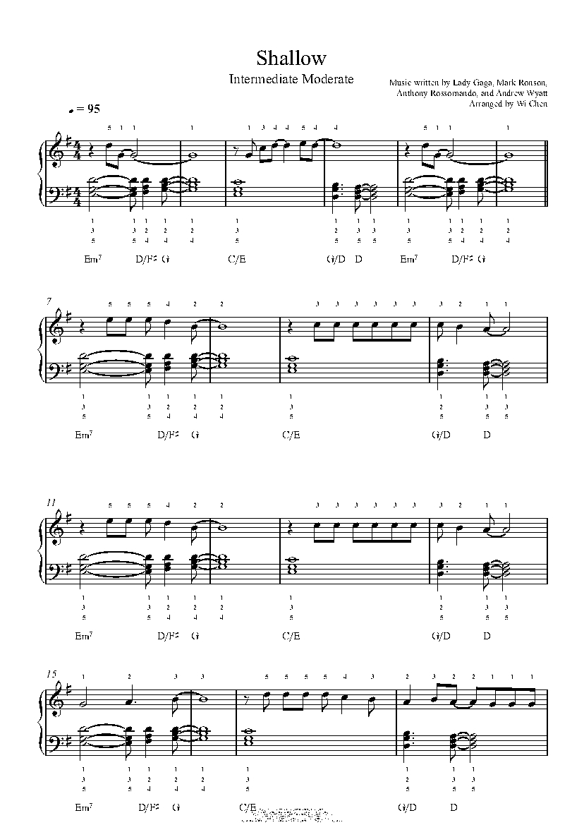 Shallow by Lady Gaga & Bradley Cooper Piano Sheet Music | Intermediate