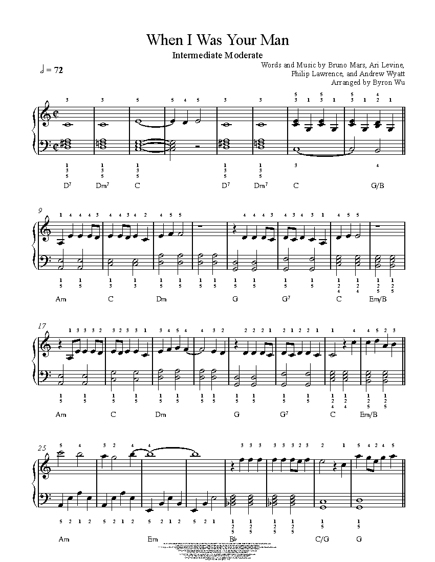 When I Was Your Man By Bruno Mars Piano Sheet Music Intermediate Level