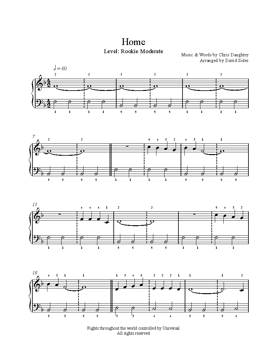 Home by Daughtry Piano Sheet Music Rookie Level