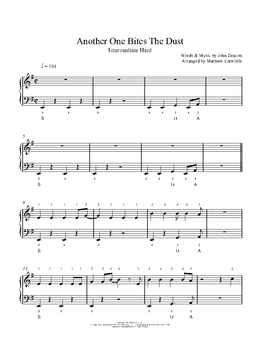 Another One Bites The Dust, (intermediate) sheet music for piano solo