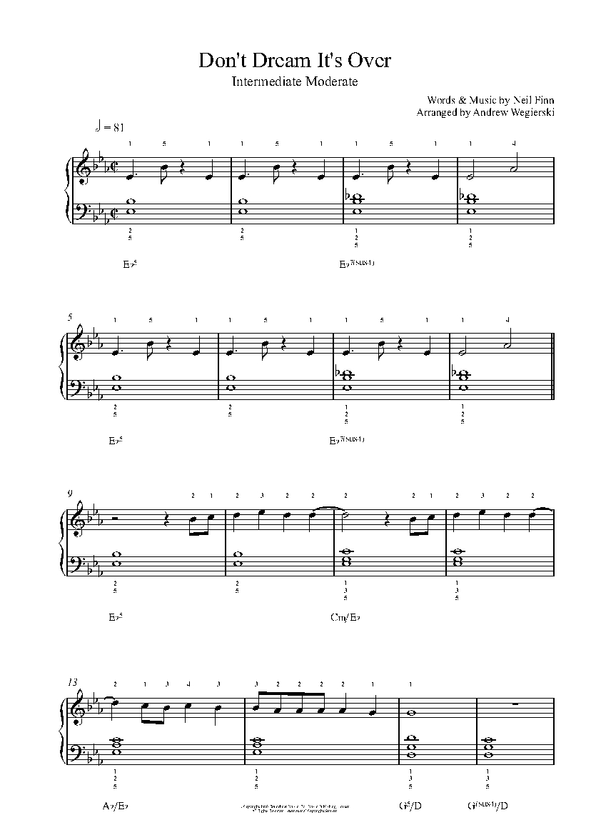 Don T Dream It S Over By Crowded House Piano Sheet Music Intermediate Level