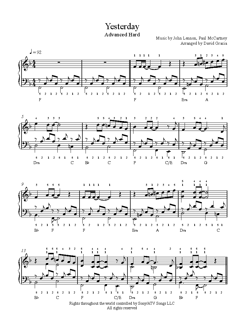 Yesterday By The Beatles Piano Sheet Music Advanced Level