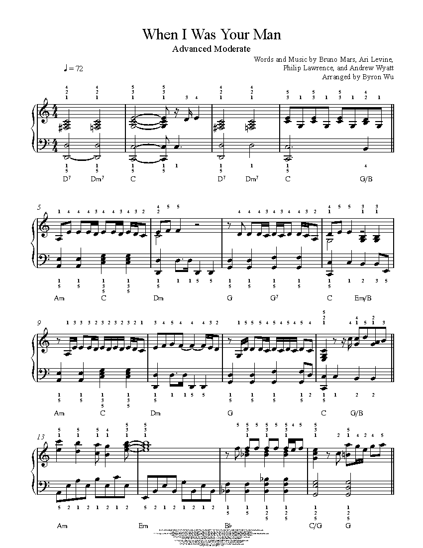 When I Was Your Man By Bruno Mars Piano Sheet Music Advanced Level