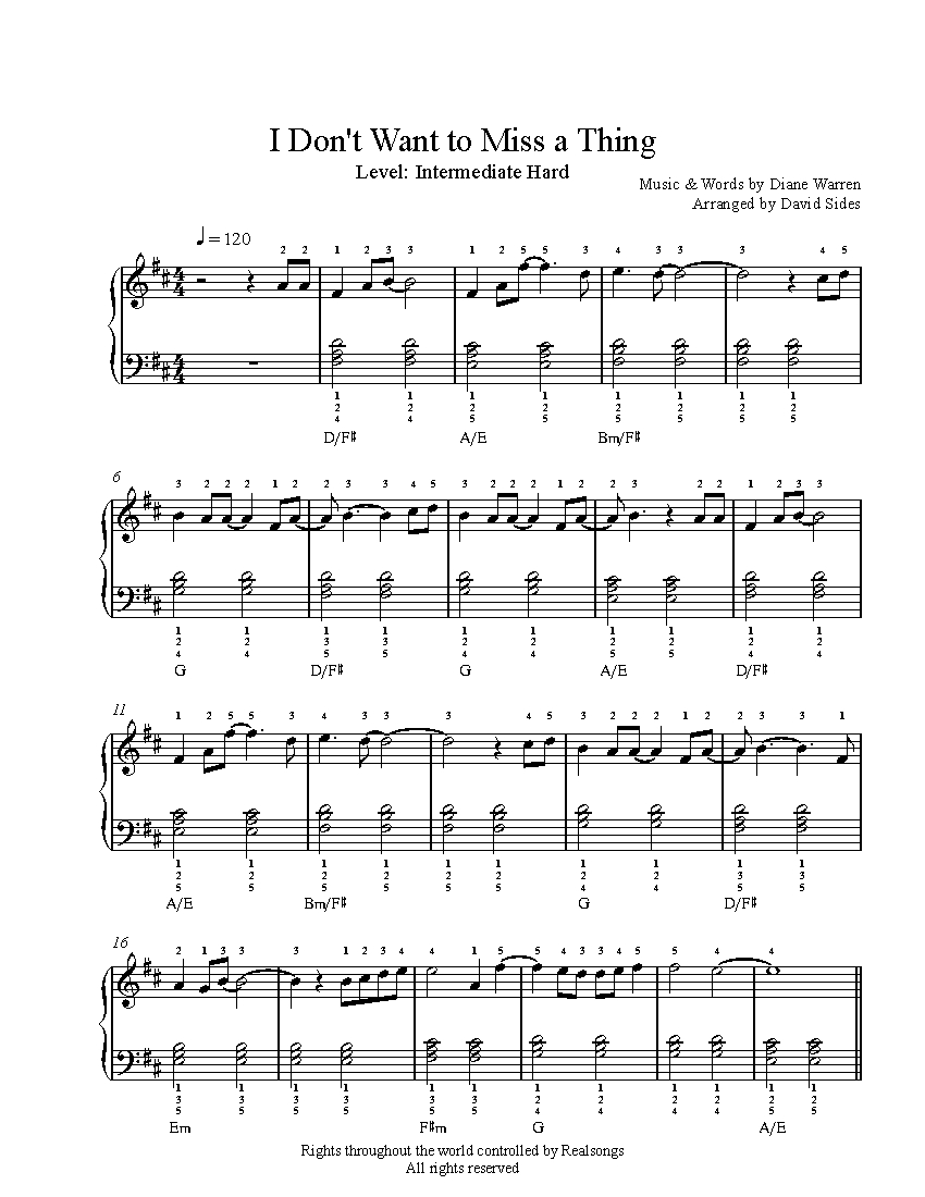 I Don't Want To Miss A Thing by Aerosmith Piano Sheet Music