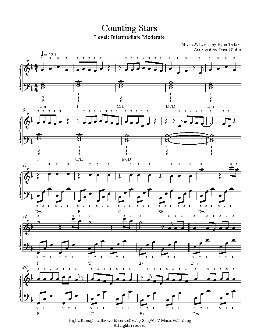Counting Stars by One Republic Piano Sheet Music | Intermediate Level