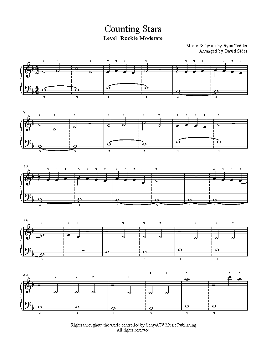 Counting Stars By One Republic Piano Sheet Music Rookie Level