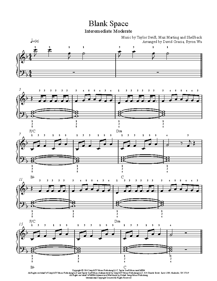 Blank Space By Taylor Swift Piano Sheet Music Intermediate Level