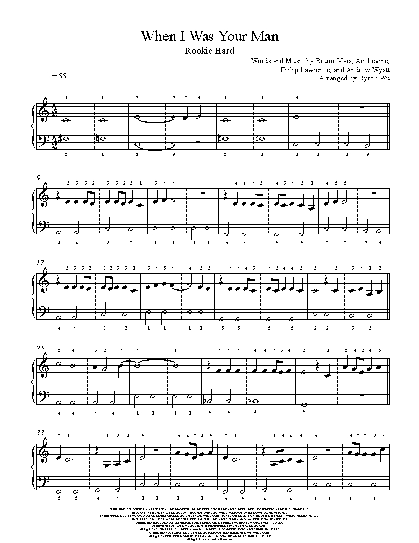 When I Was Your Man By Bruno Mars Piano Sheet Music Rookie Level