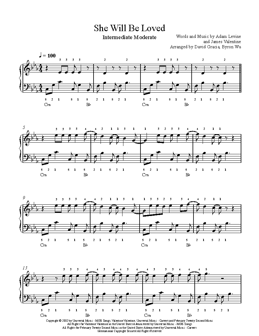 She Will Be Loved by Maroon 5 Piano Sheet Music | Intermediate Level