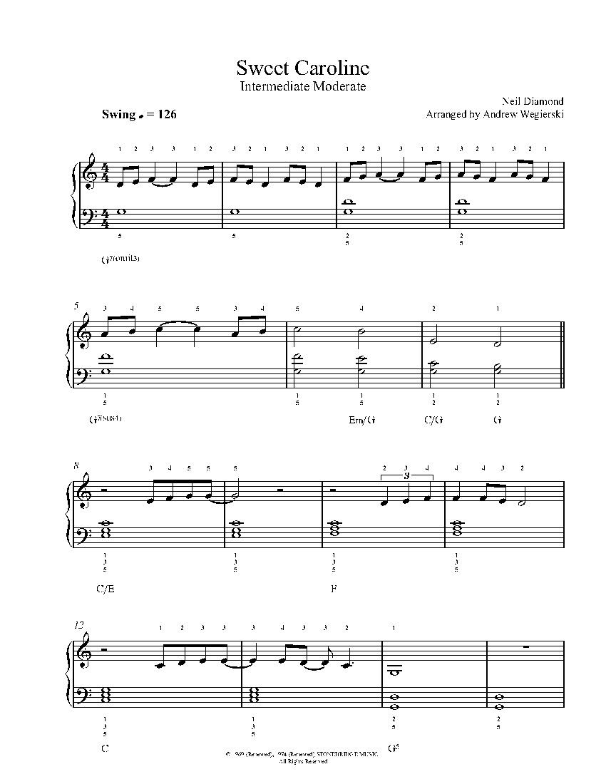 Sweet Caroline by Neil Diamond Piano Sheet Music | Intermediate Level