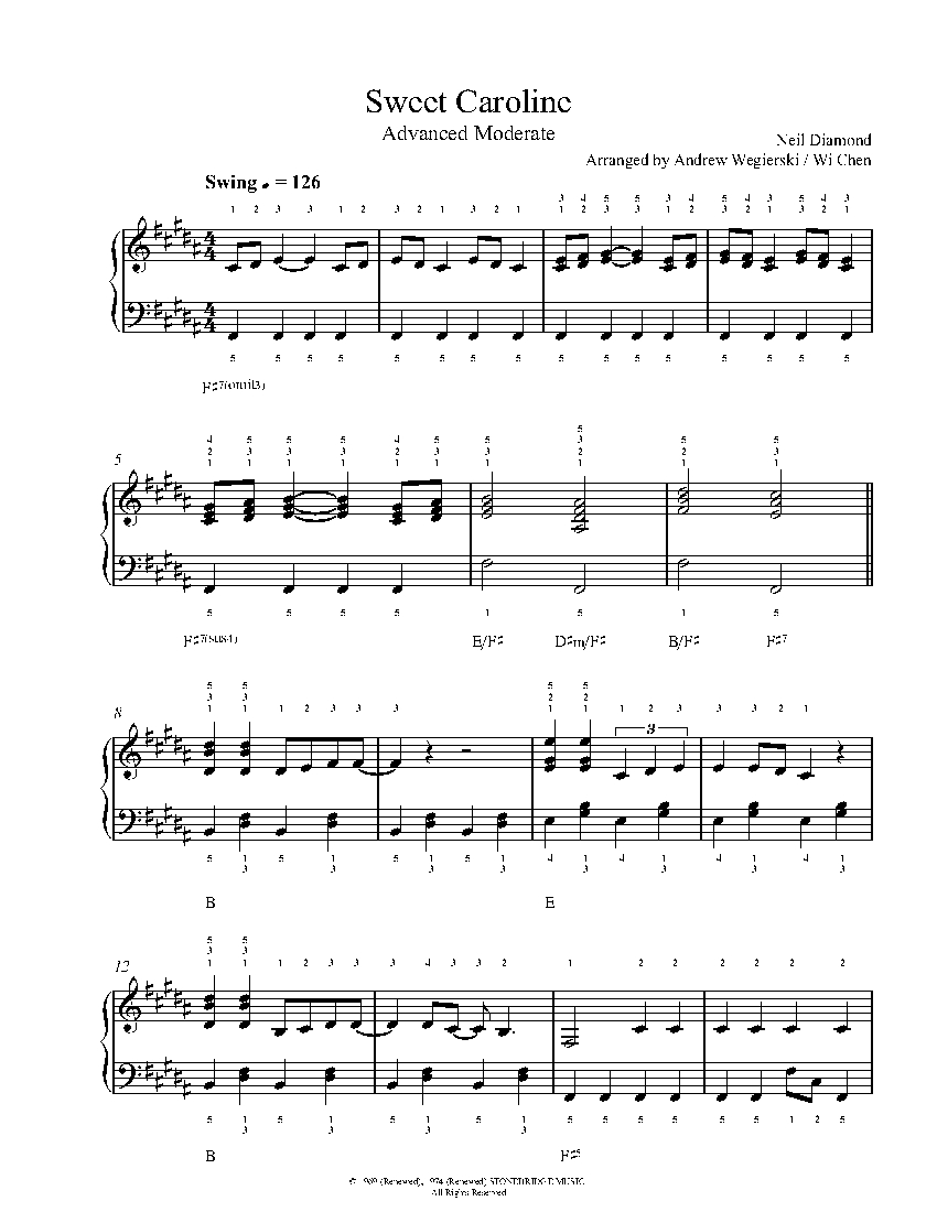 Sweet Caroline by Neil Diamond Piano Sheet Music | Advanced Level