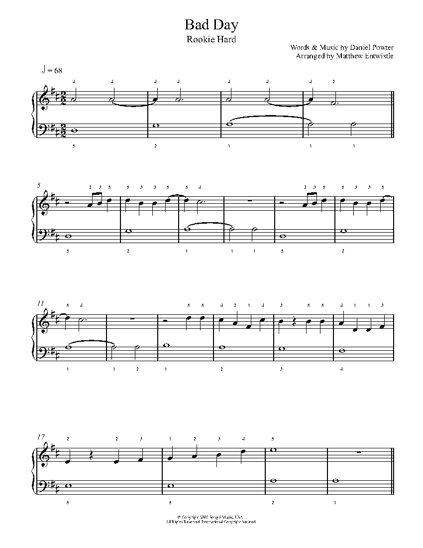 Bad Day by Daniel Powter Piano Sheet Music Rookie Level