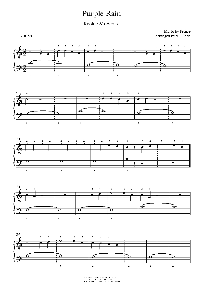 Purple Rain by Prince & The Revolution Piano Sheet Music Rookie Level