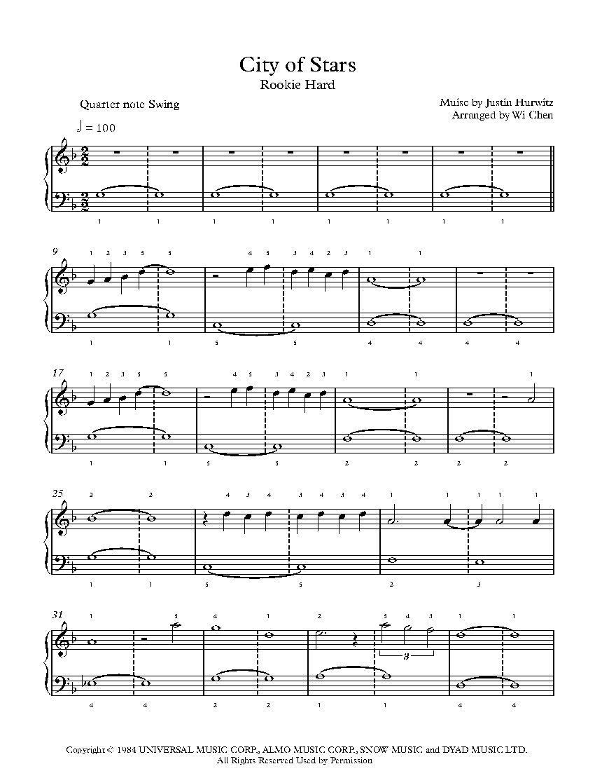 City Of Stars By Justin Hurwitz Piano Sheet Music Rookie Level