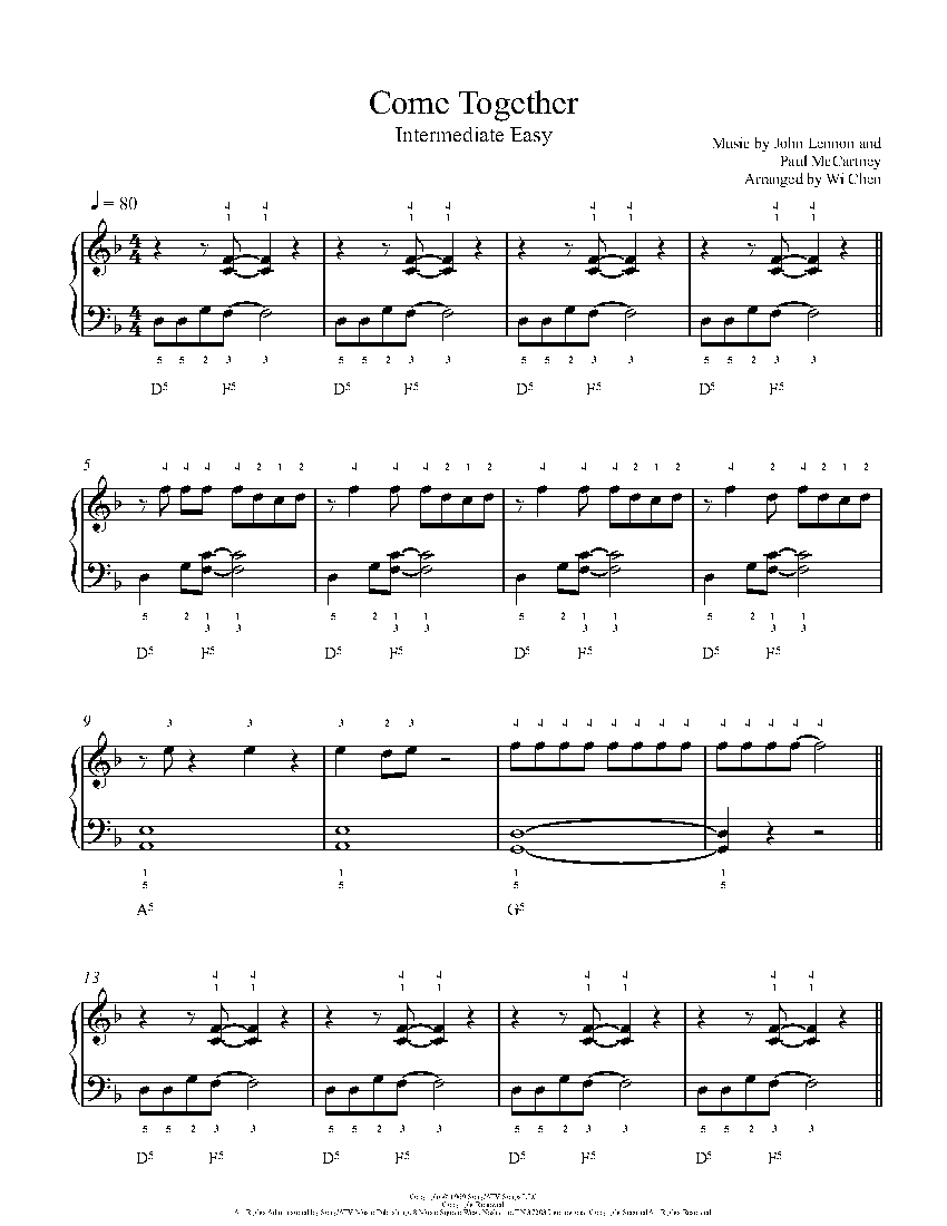 Come Together by The Beatles Piano Sheet Music Intermediate Level