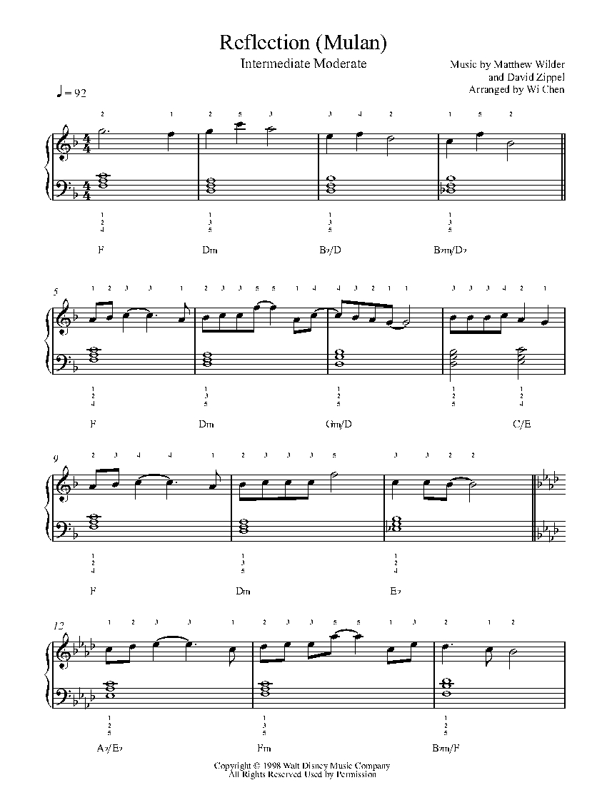 Reflection (Mulan Theme) by Christina Aguilera Piano Sheet Music