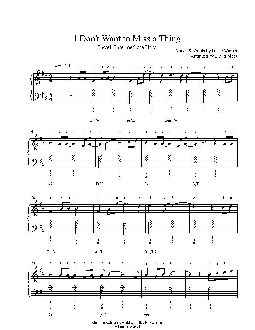 I Don't Want To Miss A Thing by Aerosmith Piano Sheet Music