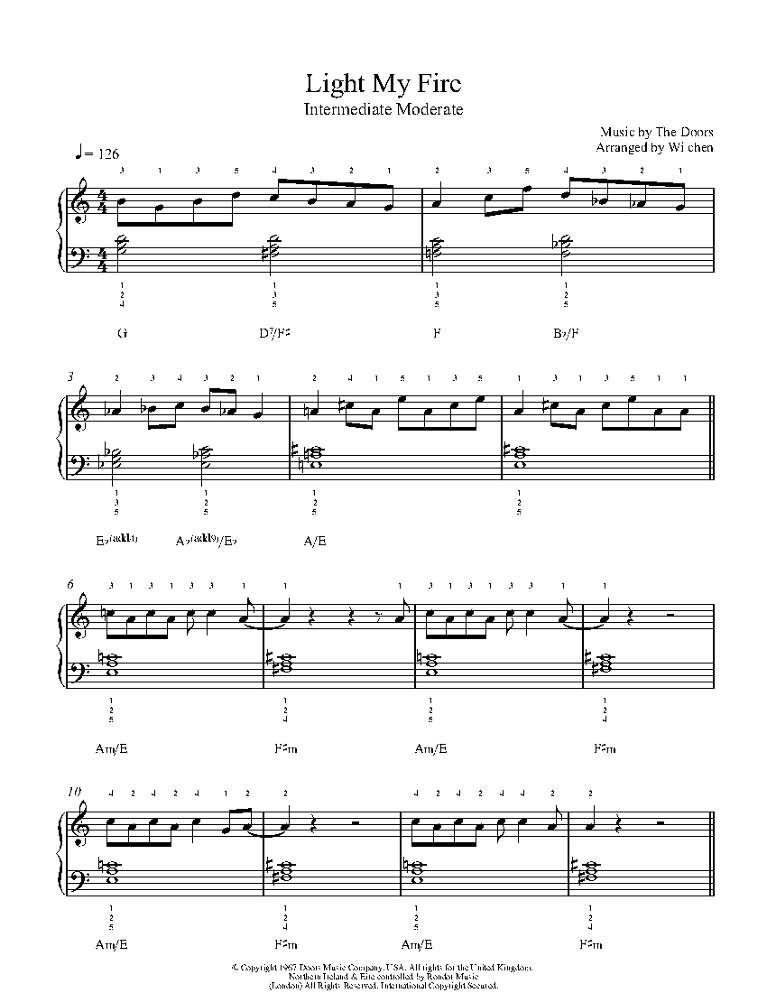 Light My Fire By The Doors Piano Sheet Music Intermediate Level