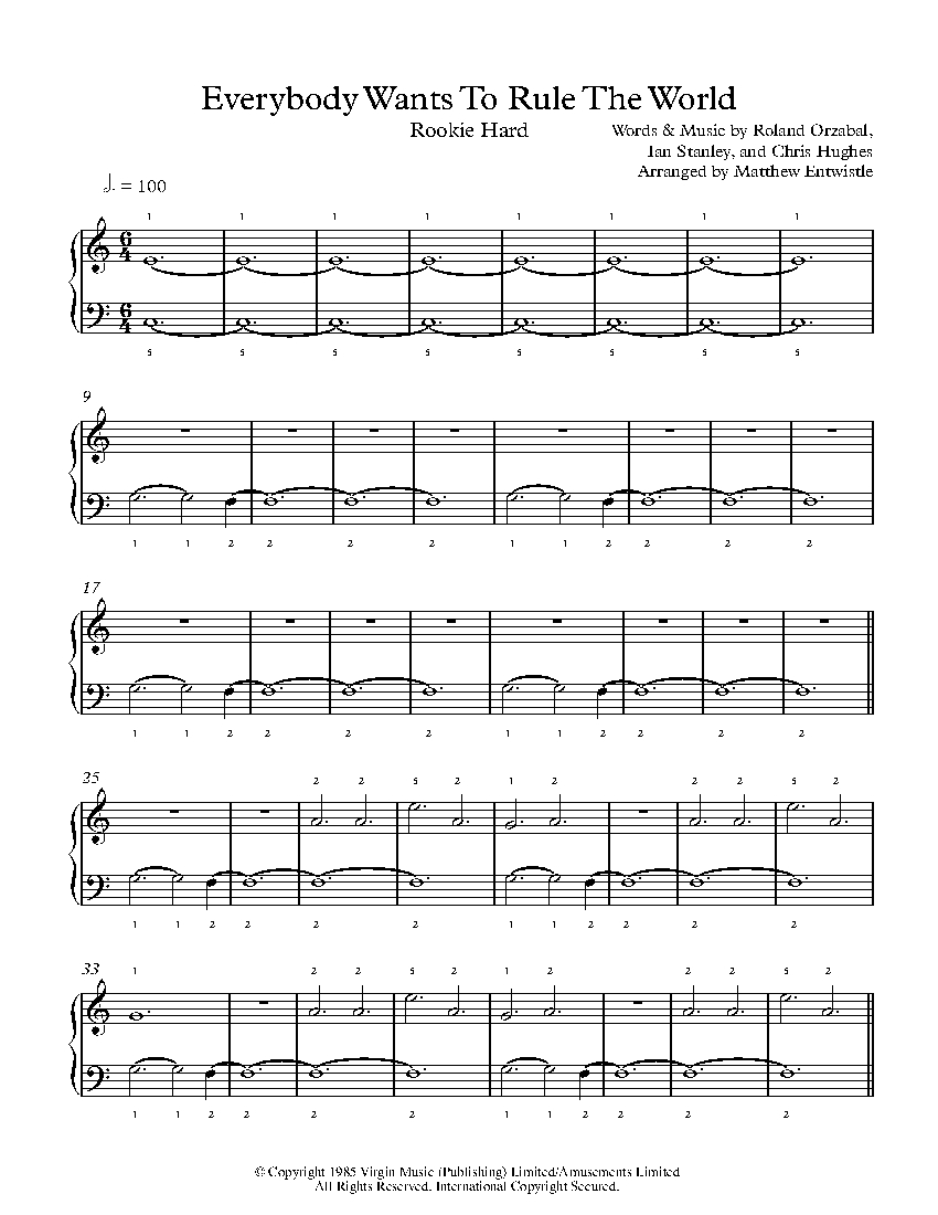 Everybody Wants To Rule The World by Tears For Fears Piano Sheet Music